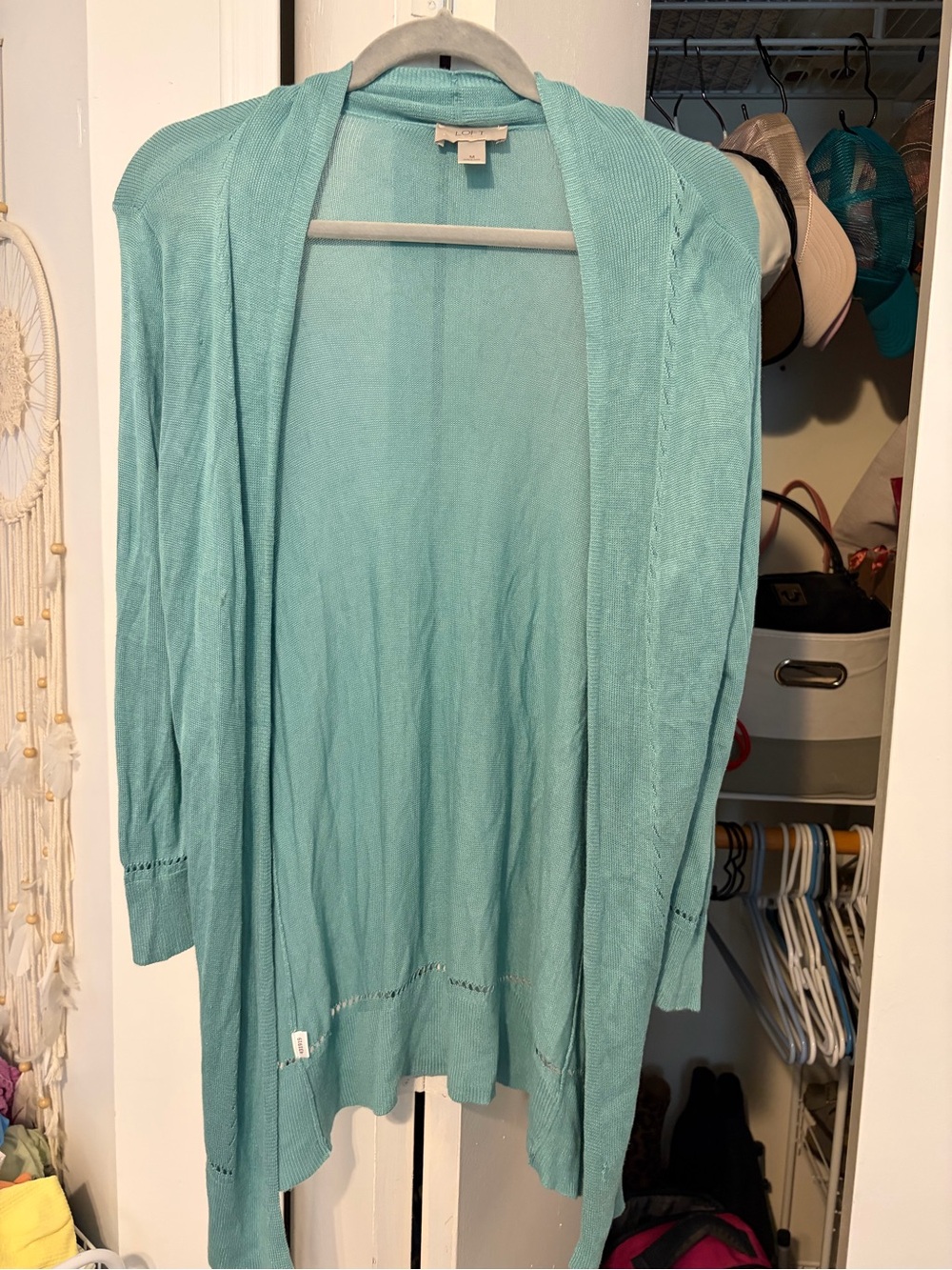 LOFT Light Aqua Open-Front Women's Lightweight & Soft Cardigan with eyelets